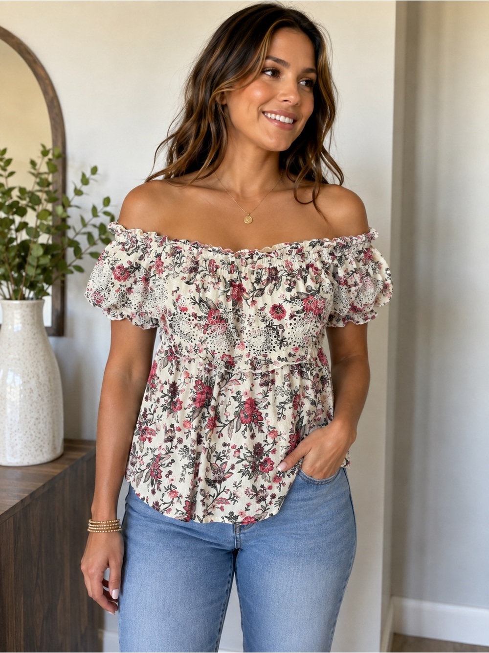 American Eagle Women's Floral Off-the-Shoulder Eyelet Ruffle Blouse M